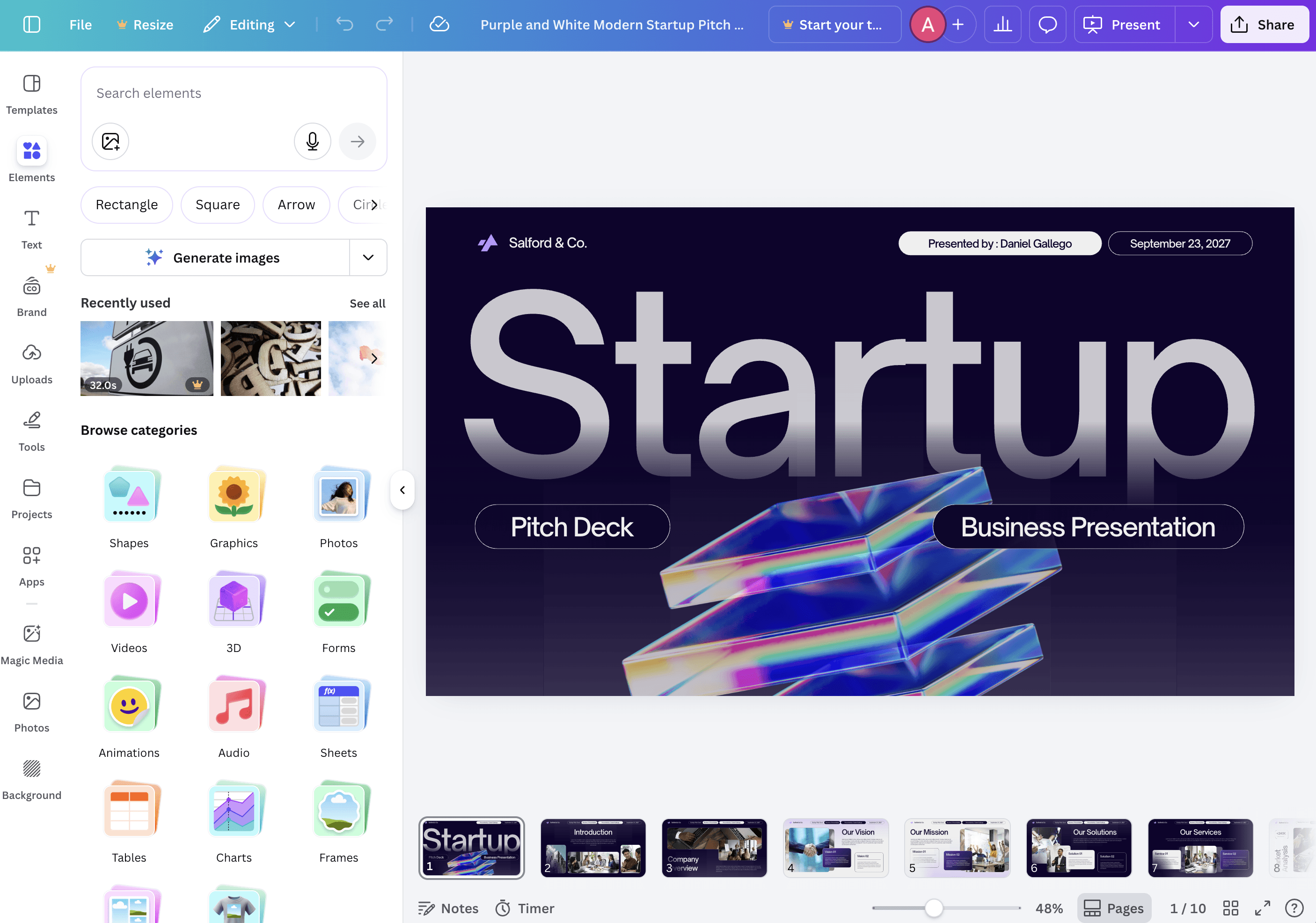 Canva editor showing a multi-slide startup presentation and its editable design controls