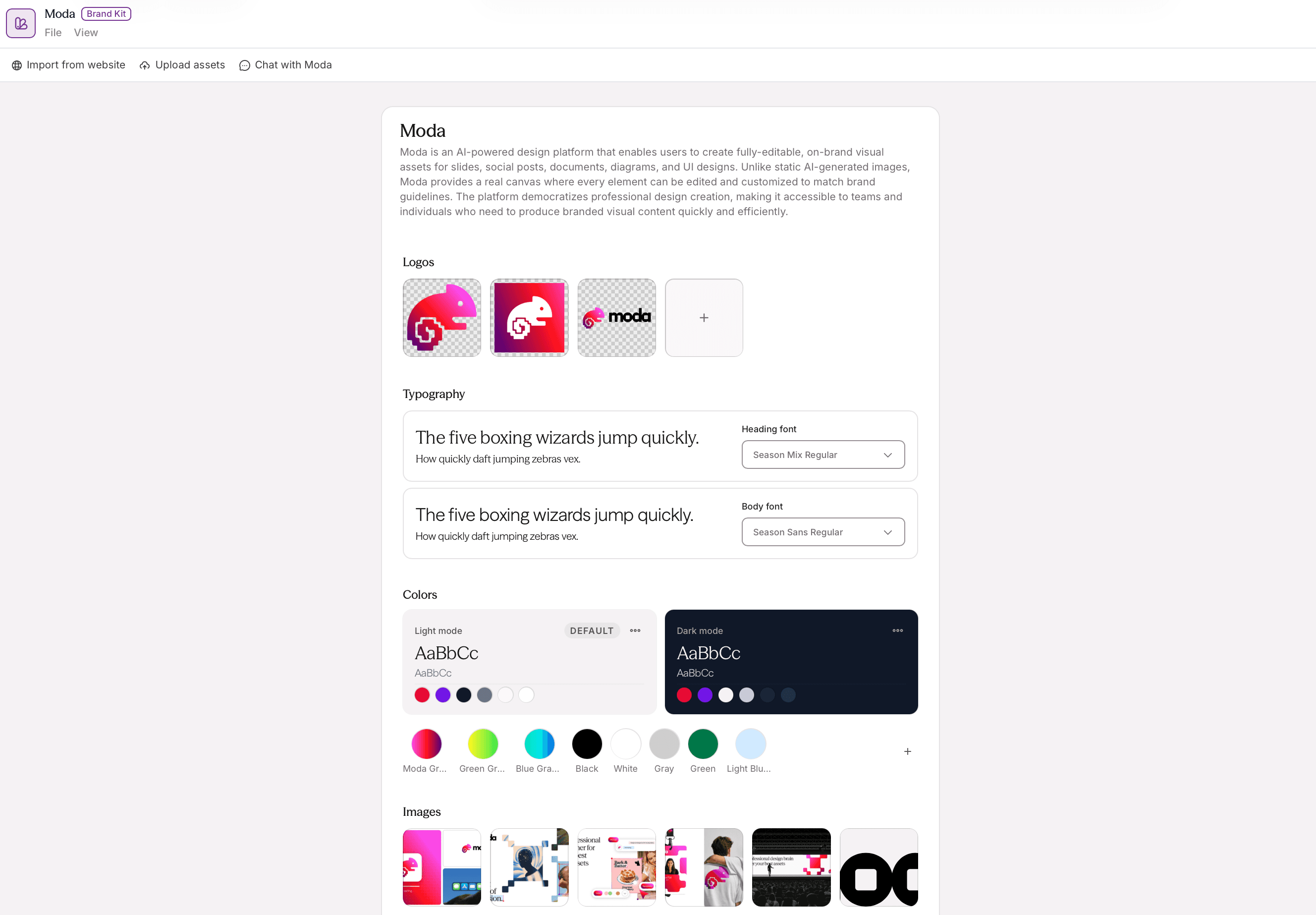 Moda Brand Kit showing stored logos, heading and body fonts, color palettes, and reference images