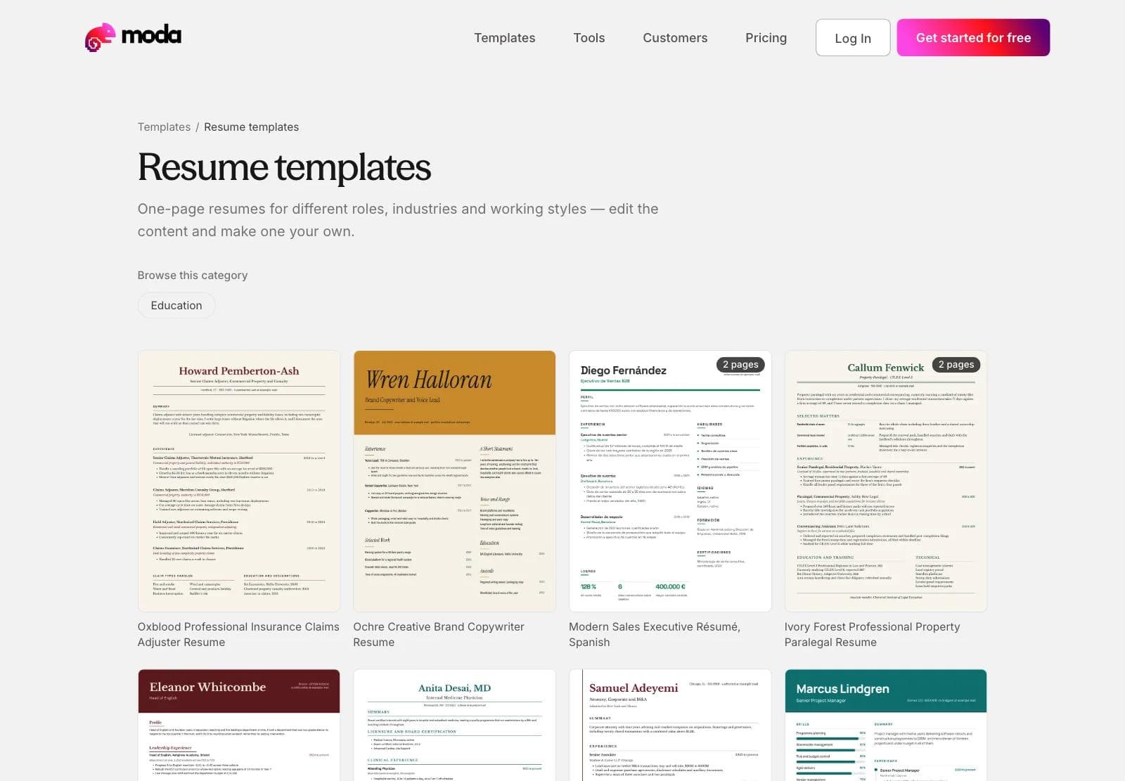 Moda resume templates page showing one-page resume layouts in a grid, including plain one-column designs and sidebar and infographic designs