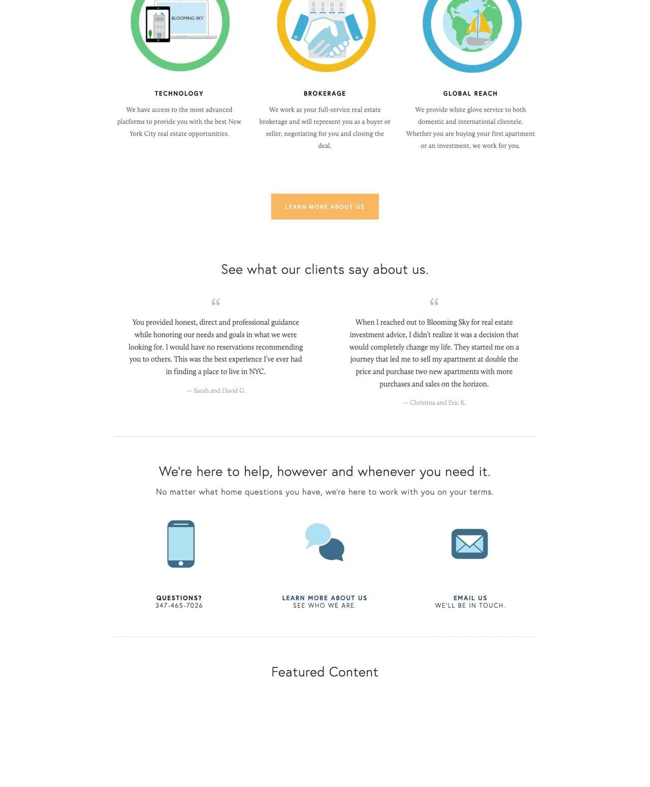 Blooming Sky services, testimonials, and contact paths