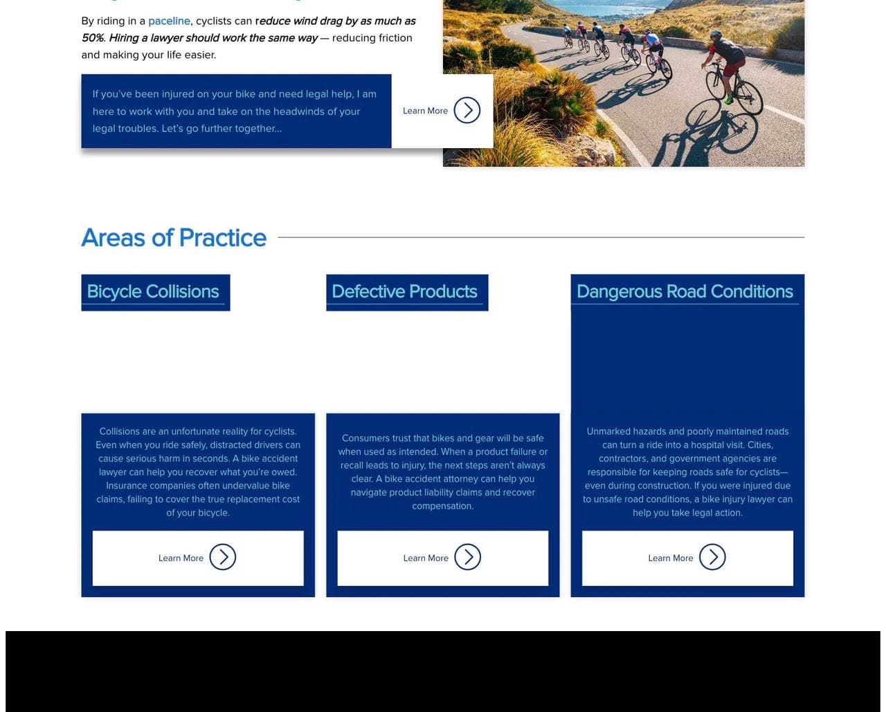 Paceline Law homepage sections explaining the paceline metaphor and three bicycle injury practice areas