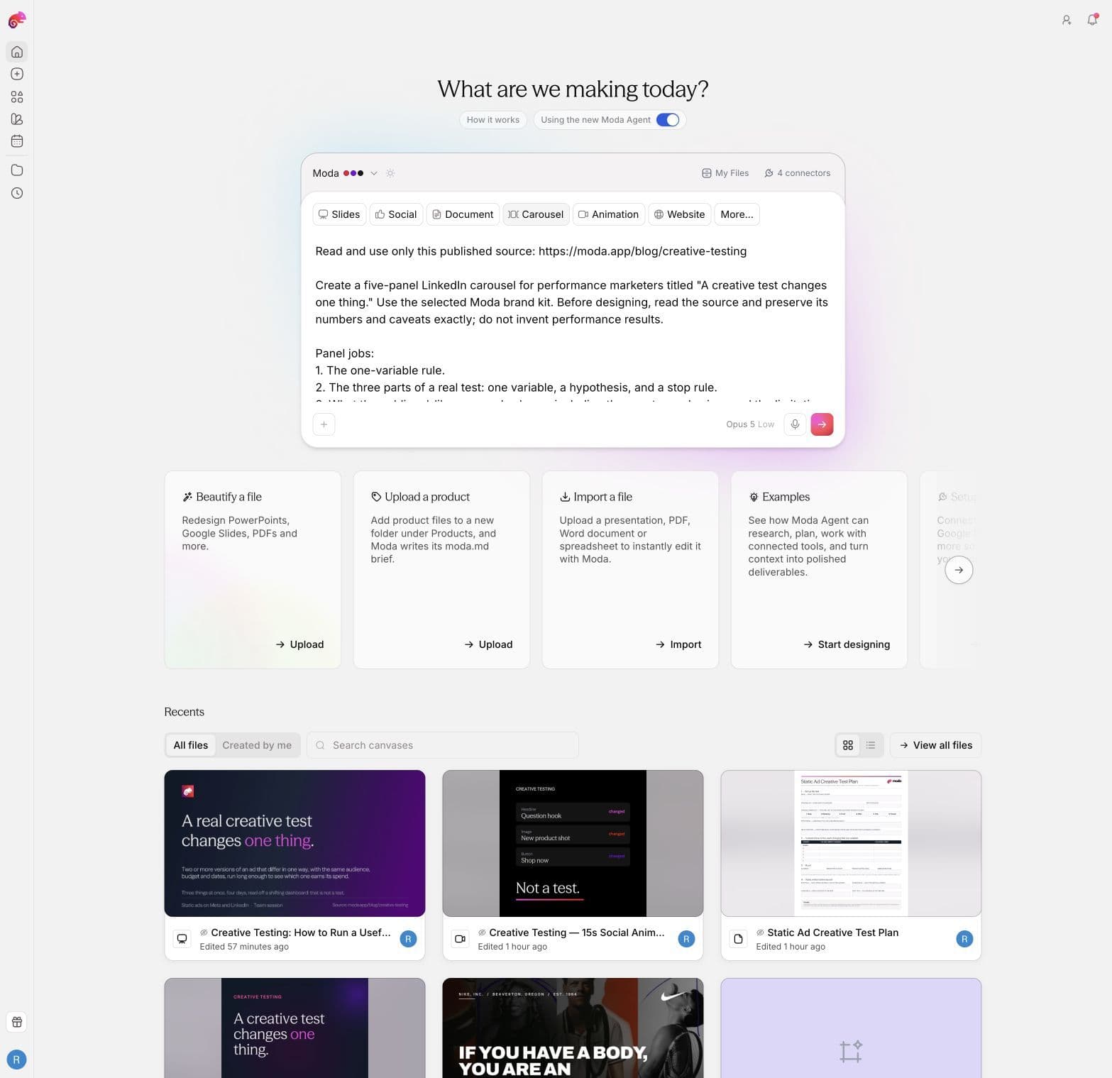 A real carousel prompt in Moda with the format and brand selected
