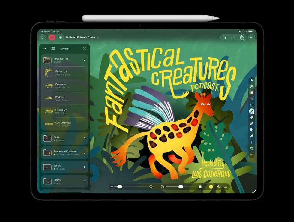 Pixelmator Pro on an iPad, showing separate text and illustration layers in a podcast-cover project.