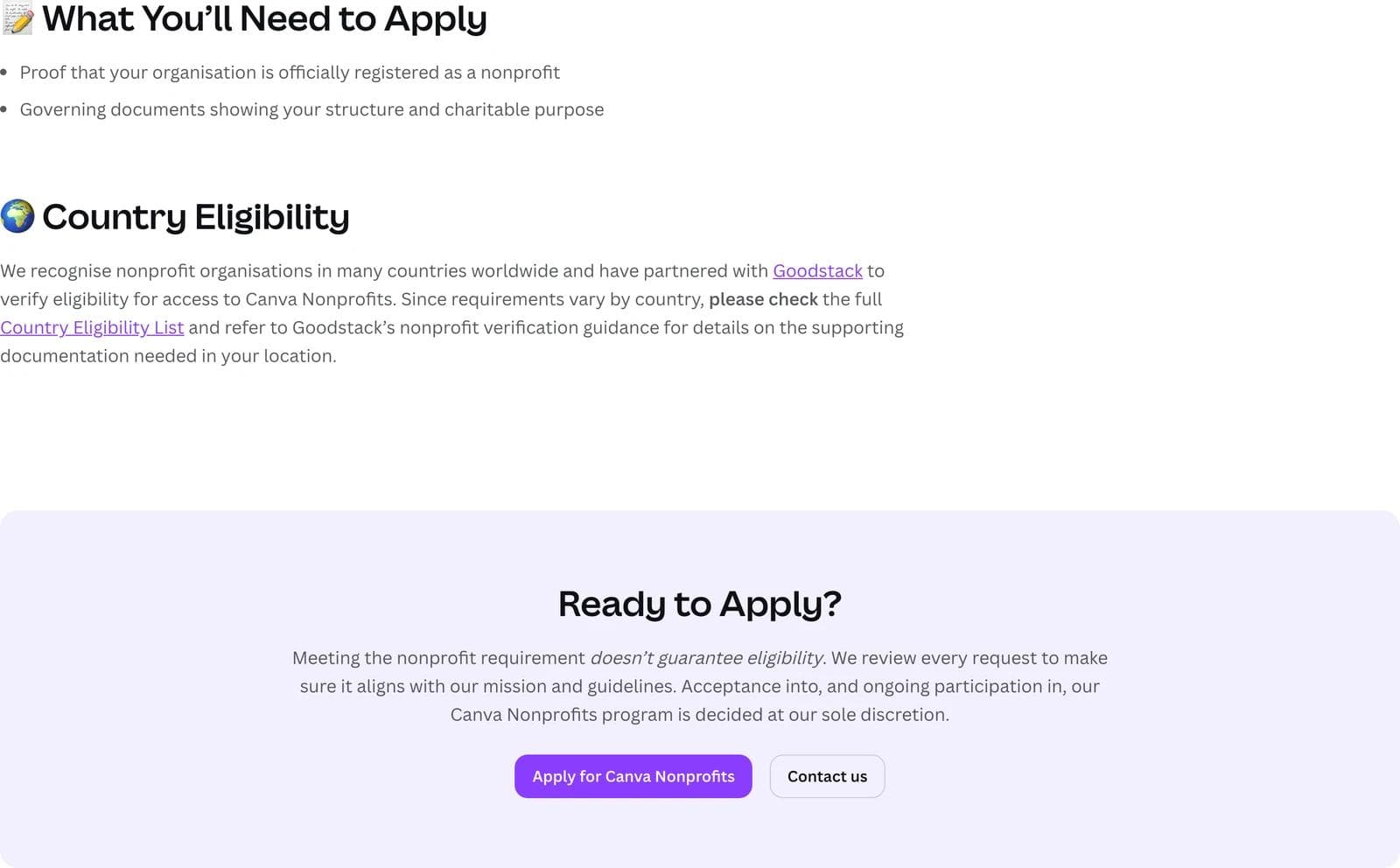 Canva's eligibility page listing the documents required to apply and naming Goodstack as the verification partner, above the Apply for Canva Nonprofits button