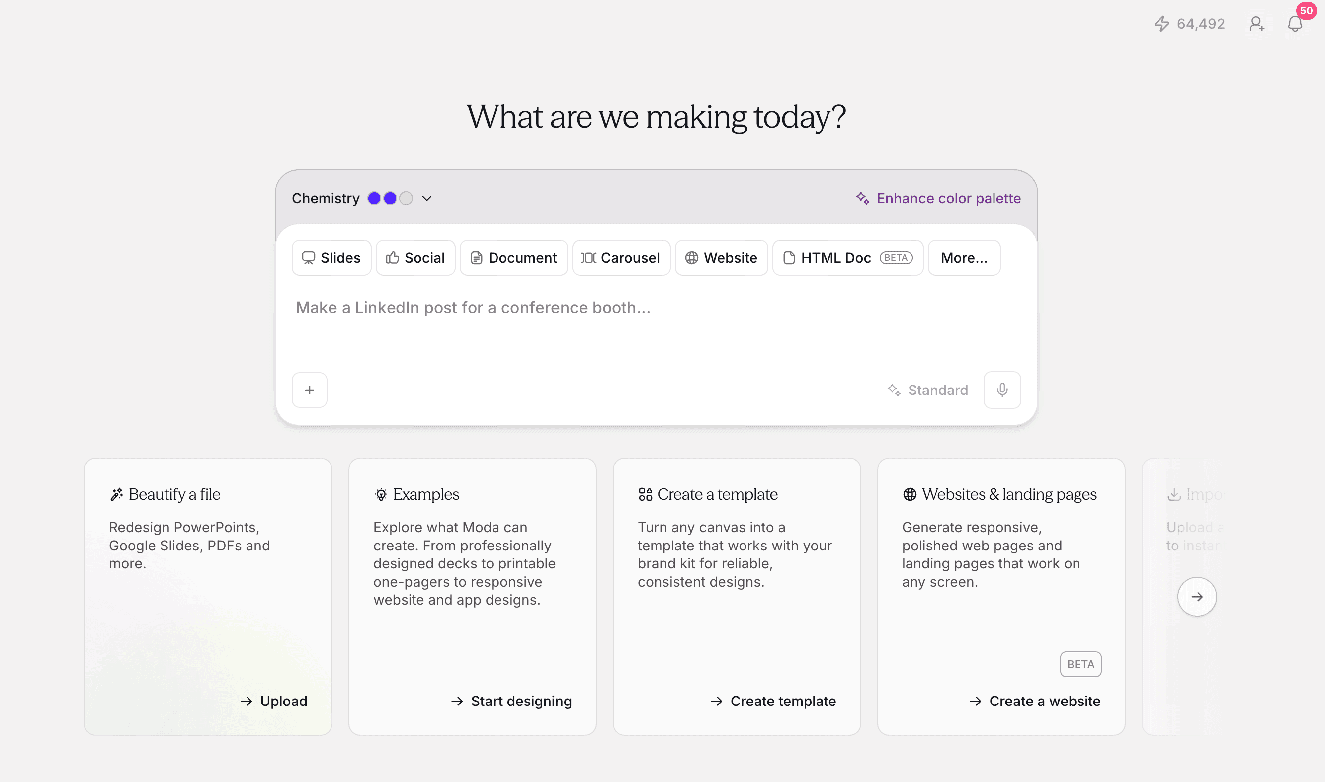 Moda creation screen with Slides selected and a prompt field ready for a presentation brief