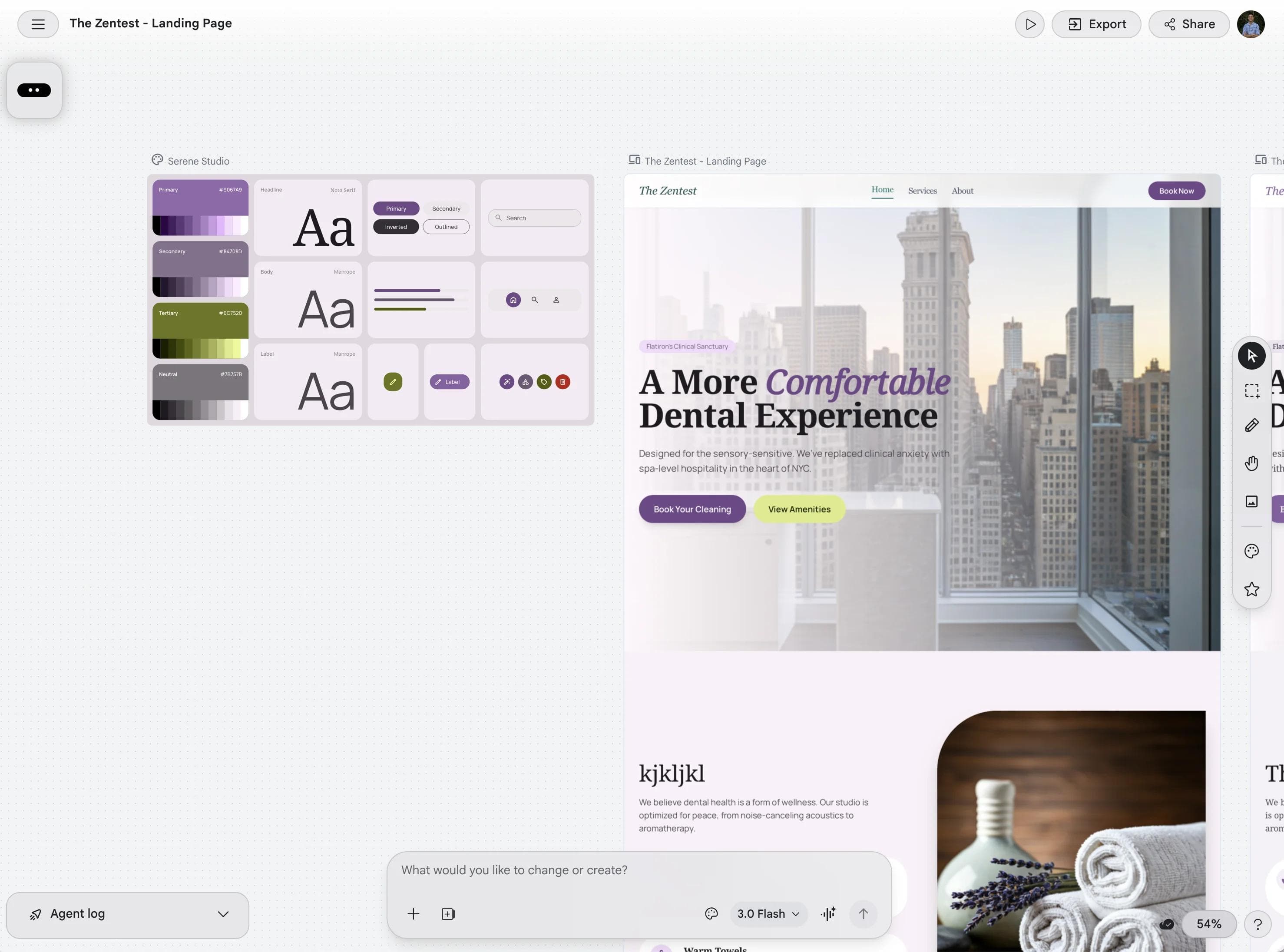 Google Stitch infinite canvas showing a design system (Serene Studio) alongside a generated landing page, with multiple screen variations visible