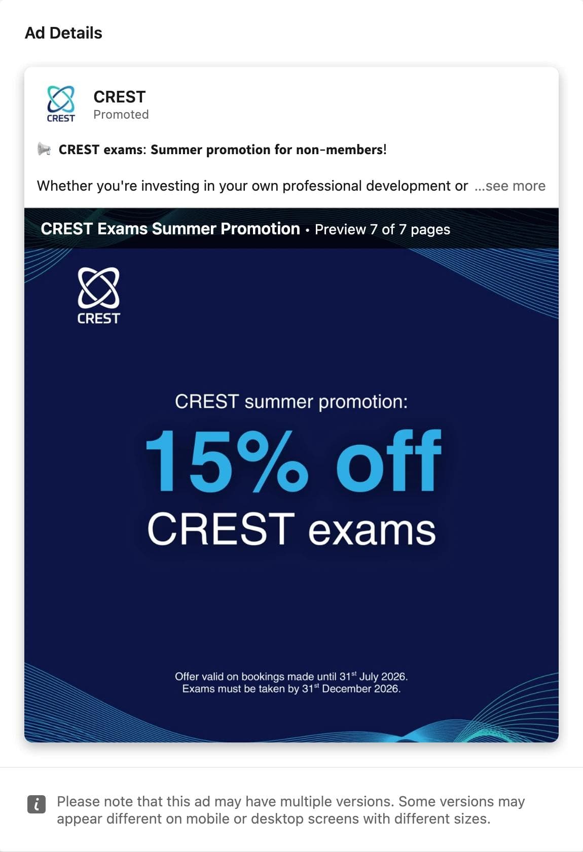 LinkedIn document ad by CREST: a seven-page PDF whose first page reads CREST summer promotion, 15 percent off CREST exams, offer valid until 31 July 2026