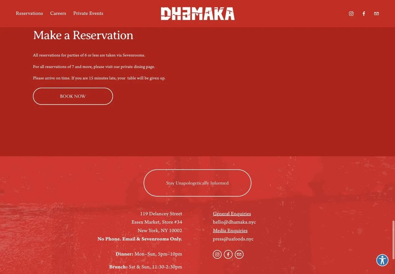 Dhamaka reservation rules, booking button, address, service hours, and contact details.