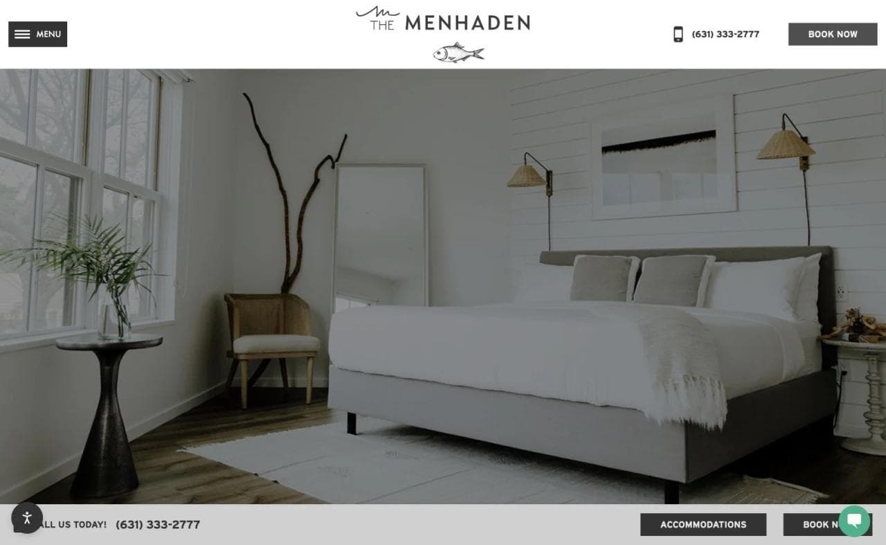 The Menhaden accommodations page with room photography and persistent booking controls