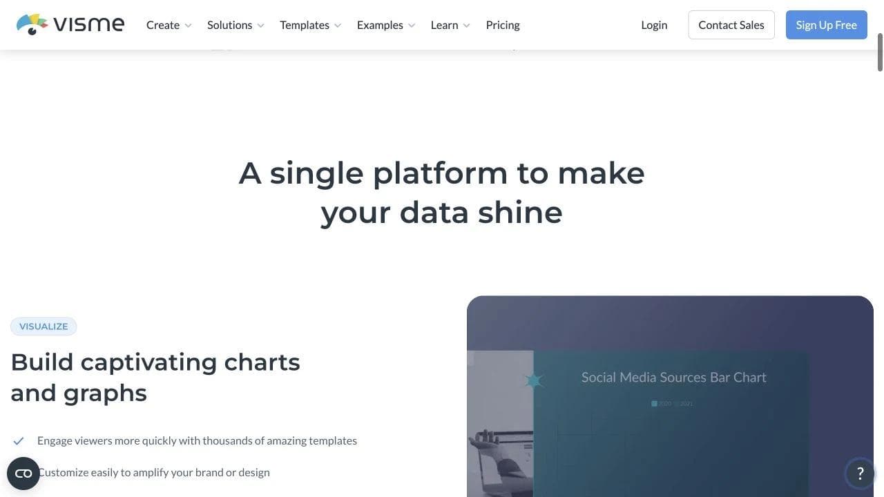 Visme data visualization page showing its chart and graph workflow