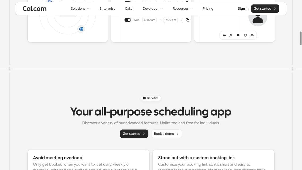 Cal.com benefits section covering meeting load, branded links, booking experience, and reminders