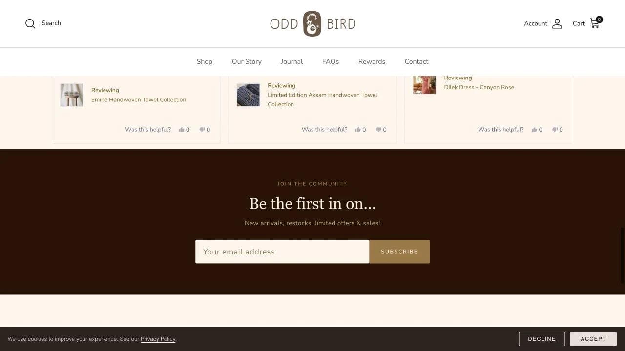 OddBird homepage section explaining artisan production lifetime repair and inclusive sizing