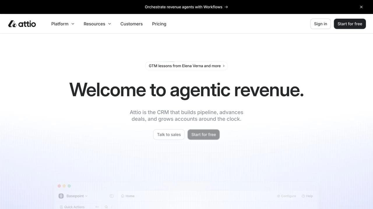 Attio homepage hero introducing agentic revenue and anchoring the message in CRM outcomes