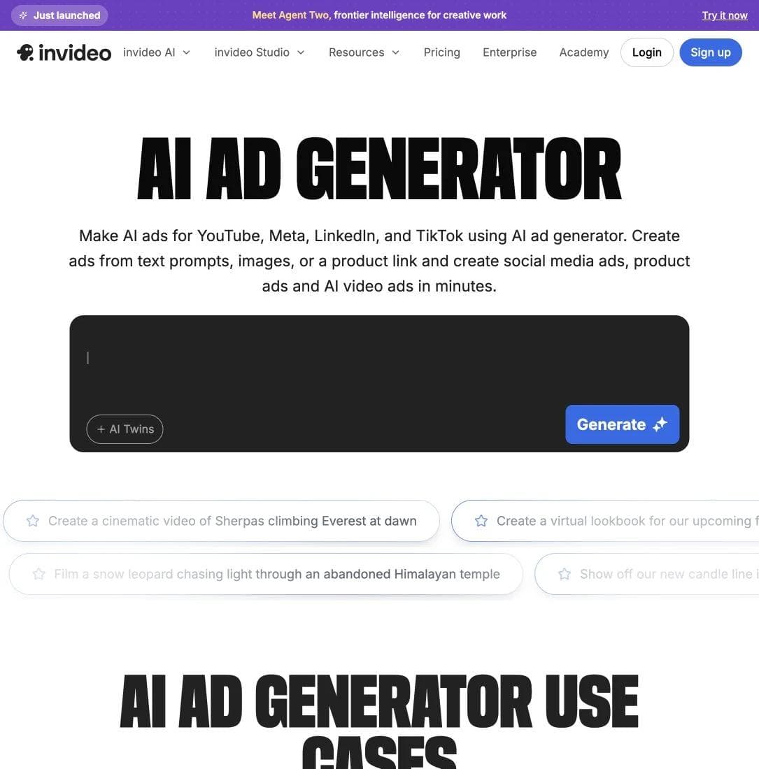 InVideo AI Ad Generator page with a large prompt box and controls for generating ads from creative instructions