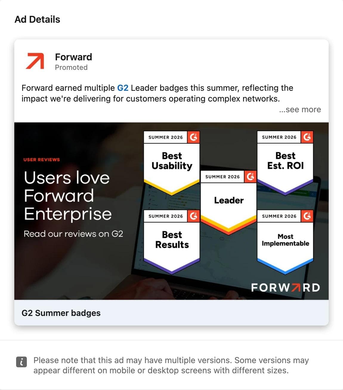LinkedIn ad by Forward showing five G2 Summer 2026 badges over a laptop photo