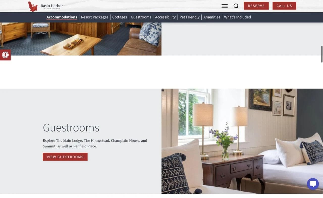 Basin Harbor guestrooms section with booking action