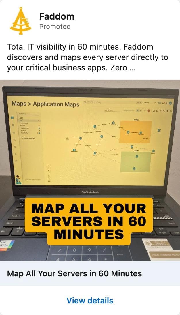 LinkedIn ad by Faddom showing a laptop photo with a yellow sticker reading Map all your servers in 60 minutes above a headline with the same words