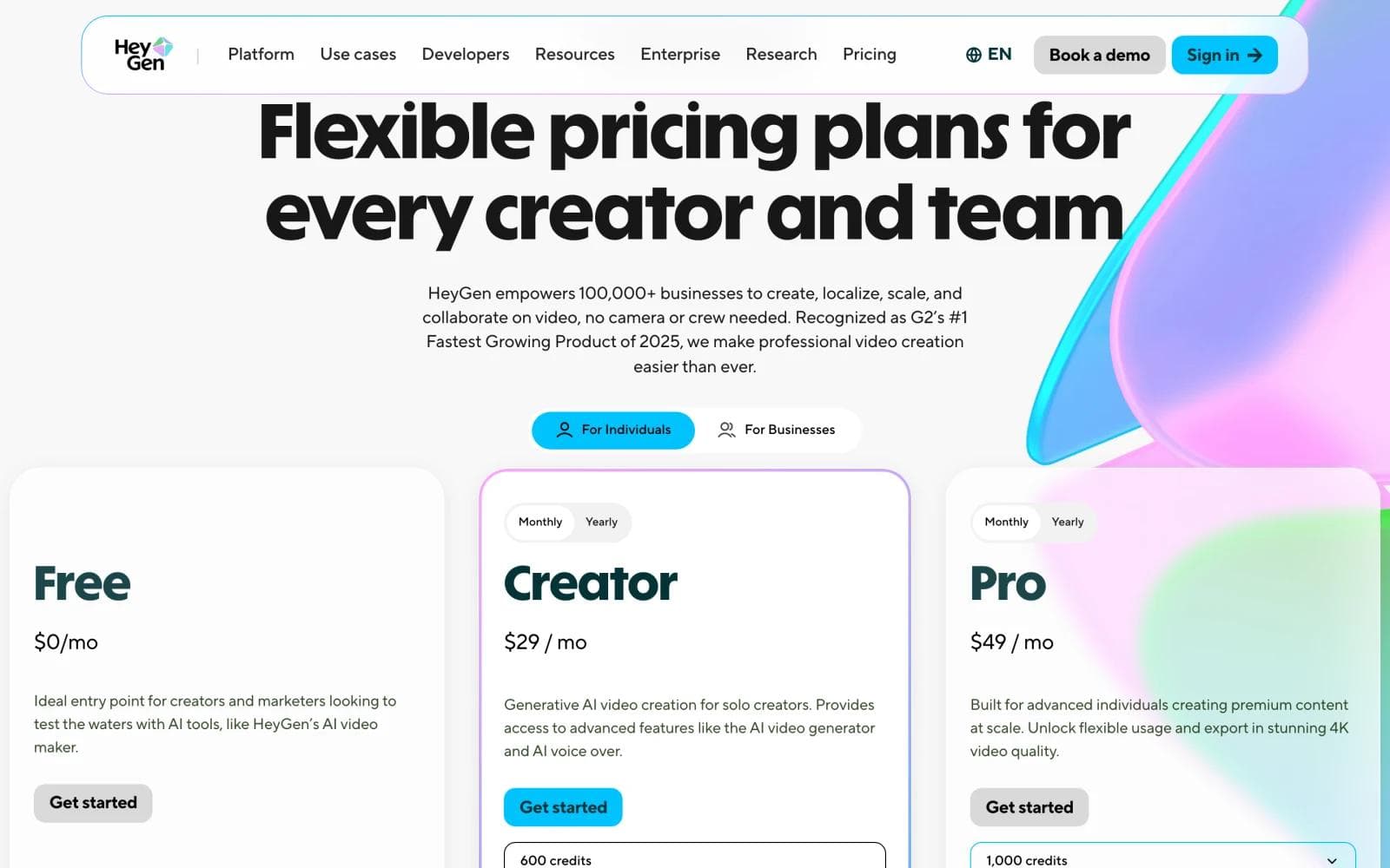 HeyGen pricing page showing the Free, Creator, and Pro plans with credit allowances and video duration limits