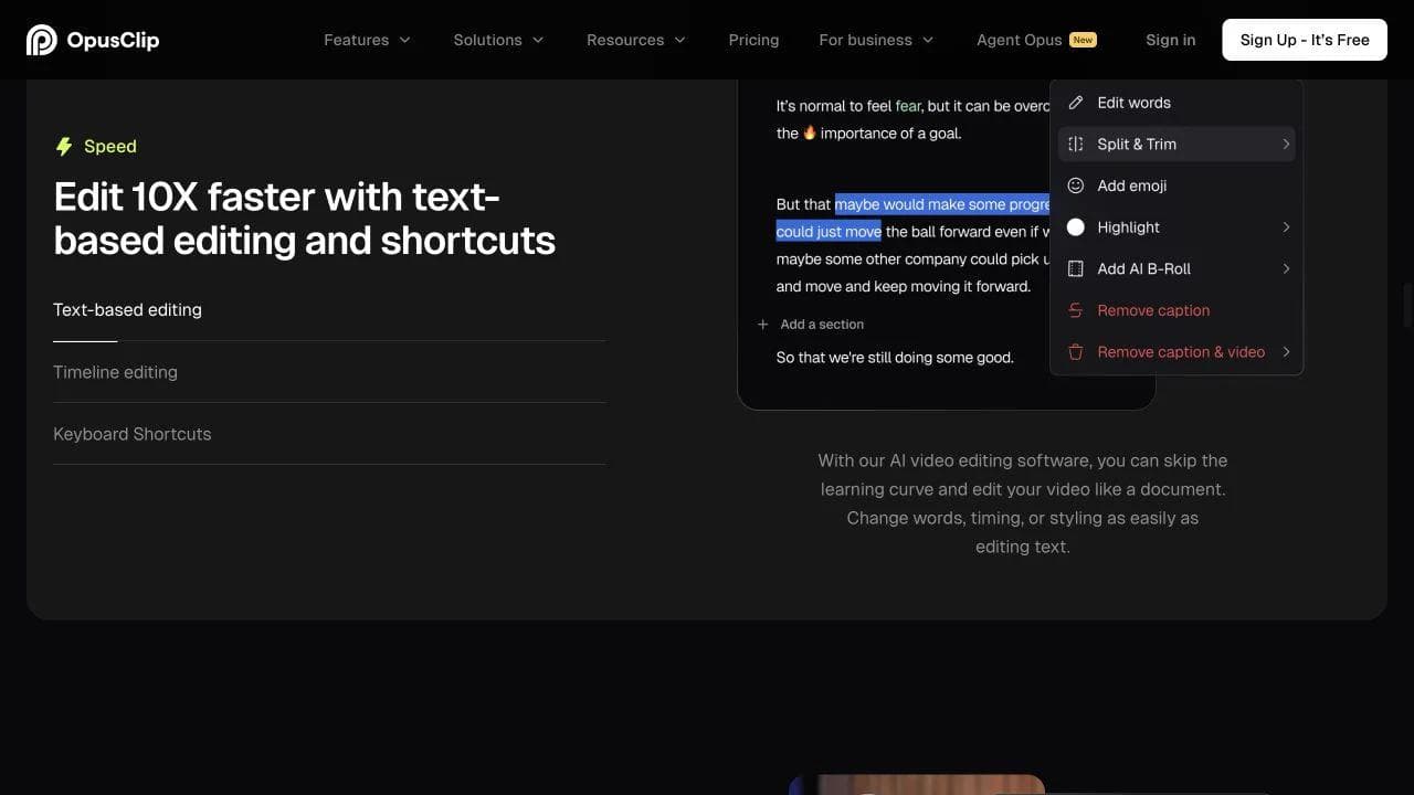 OpusClip product page showing text-based editing controls for words, trimming, captions, video, and AI B-roll