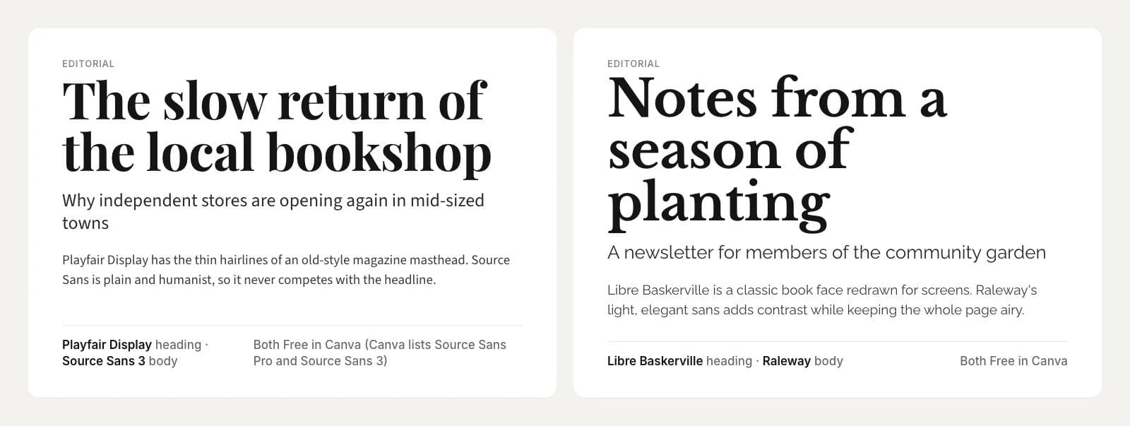 Two editorial pairings: Playfair Display Bold over Source Sans 3 on a magazine headline, and Libre Baskerville Bold over Raleway on a newsletter heading