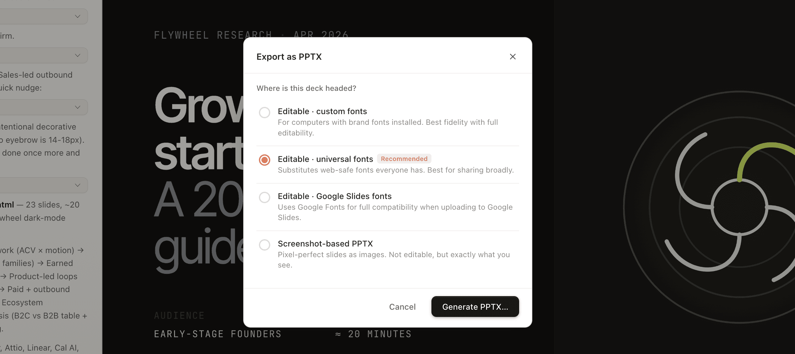 Moda PowerPoint export dialog showing editable and screenshot-based export options