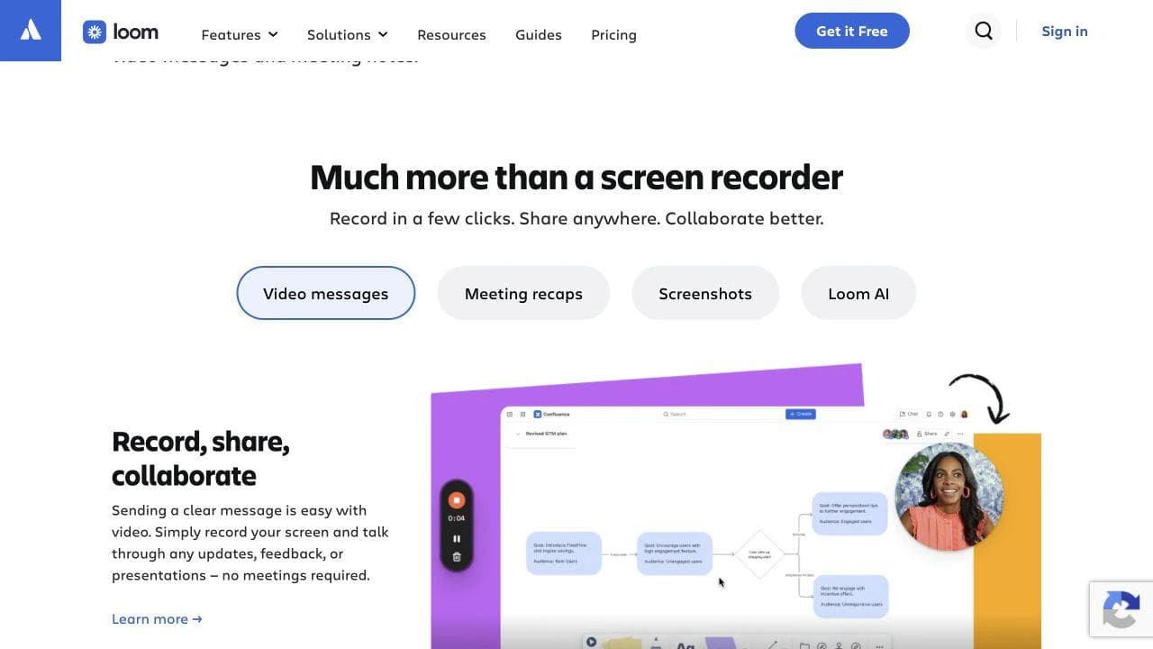Loom product page showing video messages, meeting recaps, screenshots, and Loom AI as parts of the current workflow
