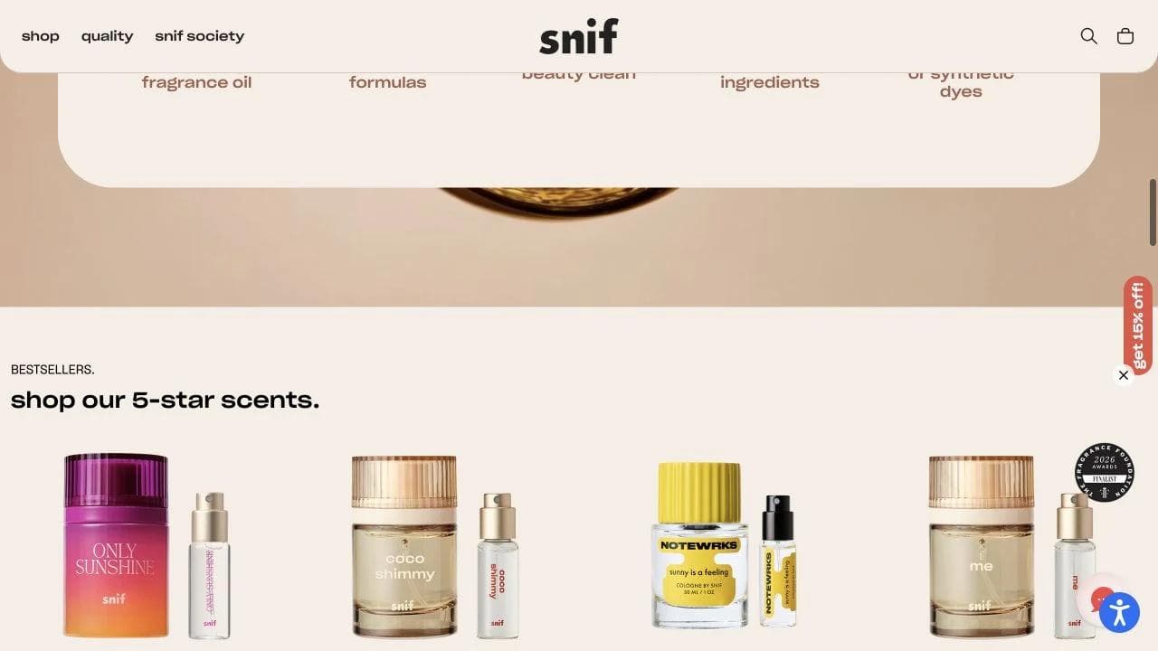 Snif homepage merchandising several fragrance products by scent and format