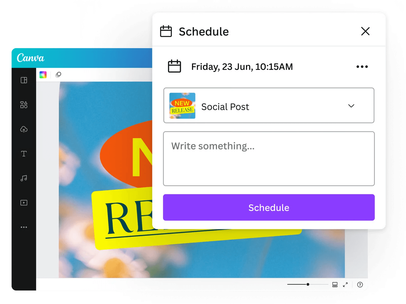 Canva editor with a Schedule panel showing a date, social post preview, caption field, and Schedule button