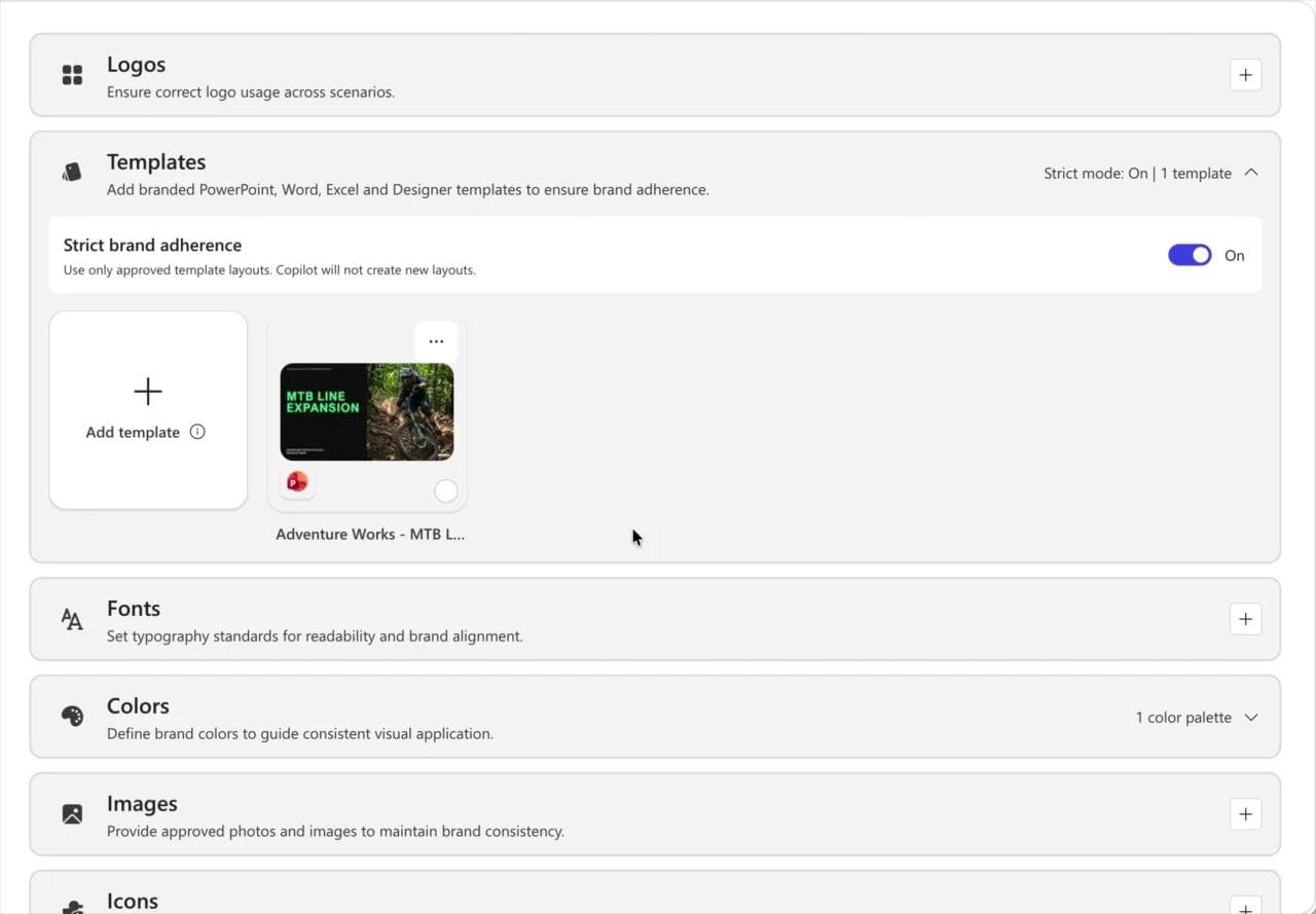 Microsoft 365 Copilot Brand Kit settings showing Strict brand adherence enabled for a PowerPoint template