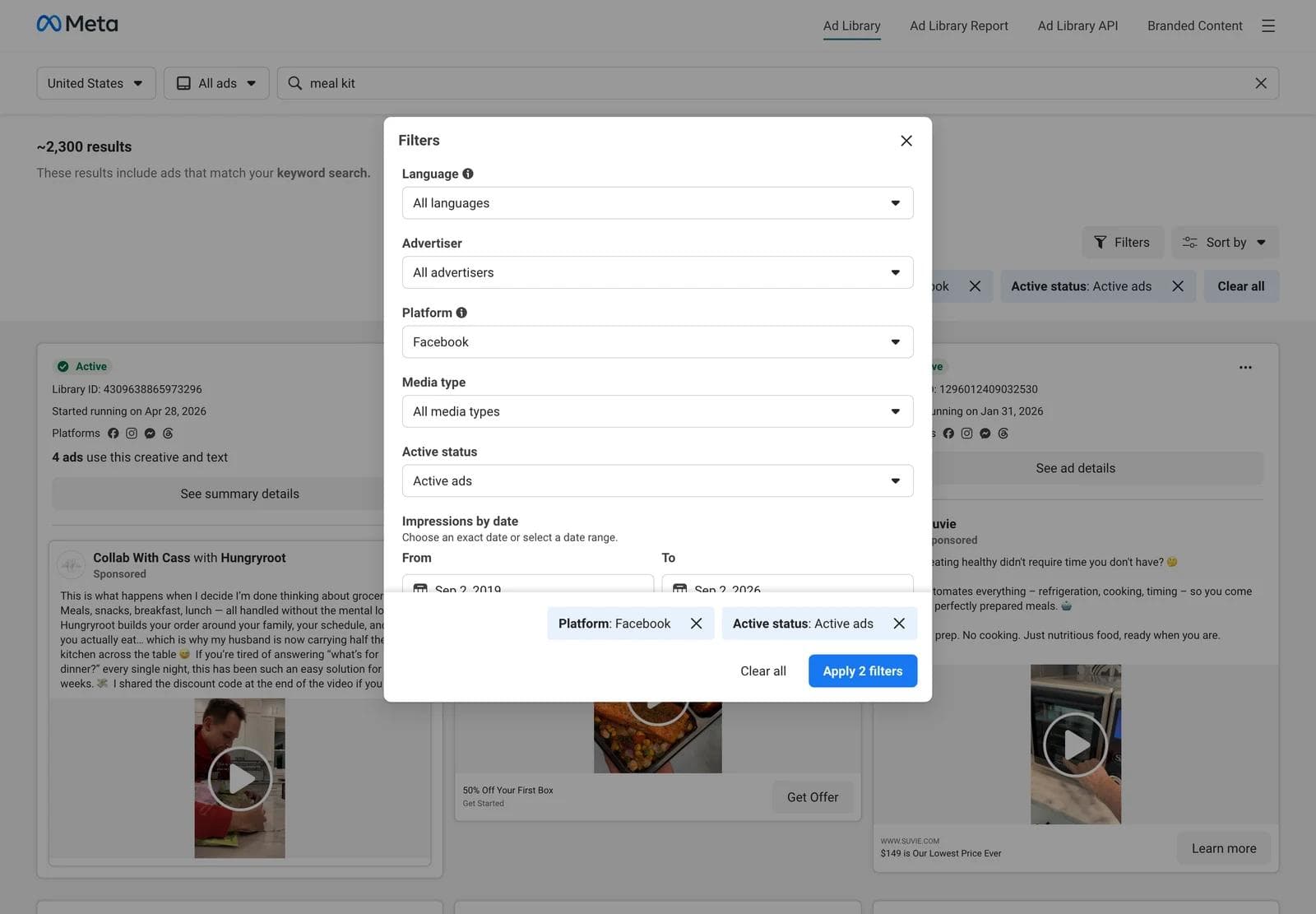 The Meta Ad Library Filters panel with Platform set to Facebook, Media type set to All media types, and Active status set to Active ads