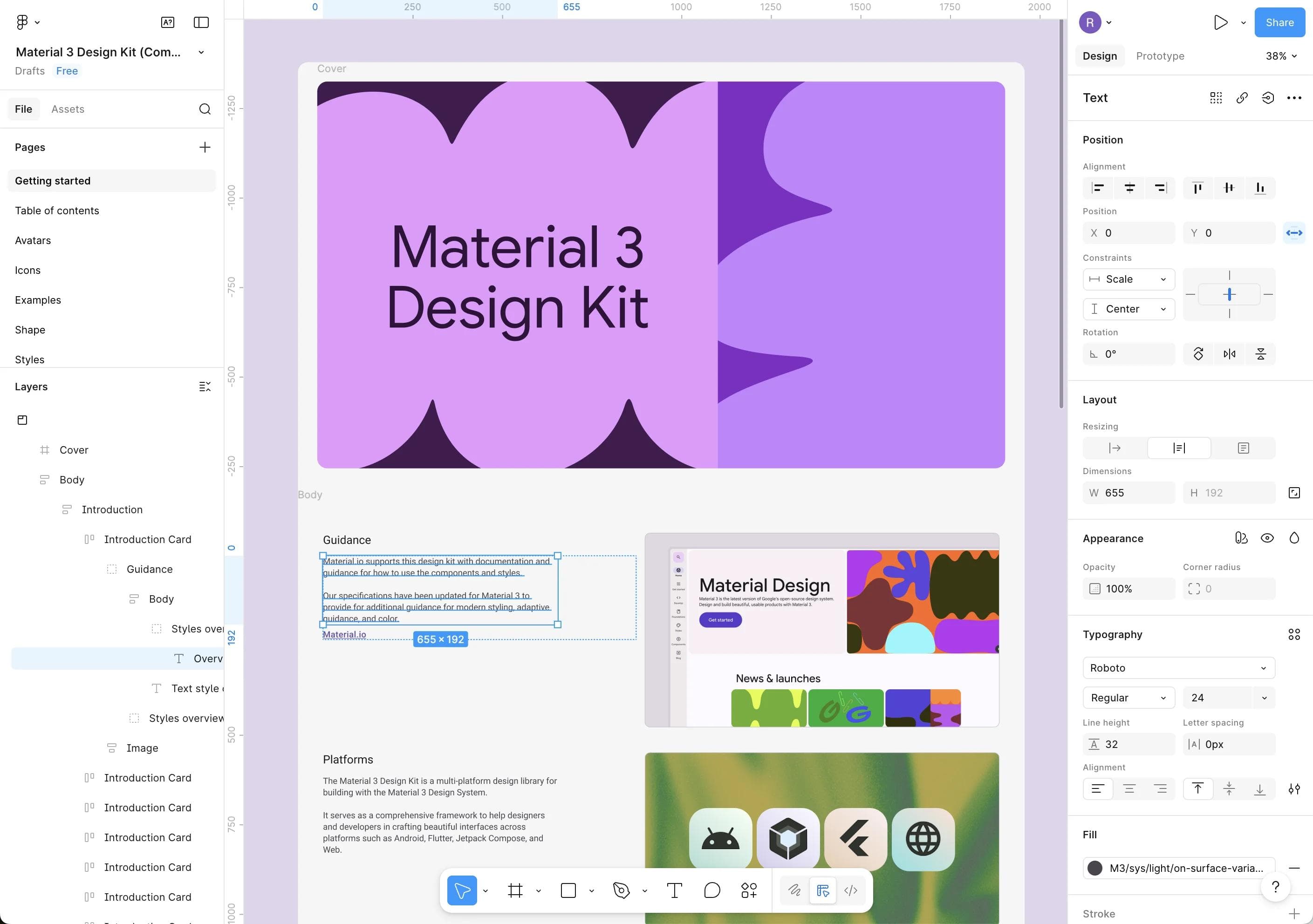 Figma editor showing the Material 3 Design Kit with component variants, layers panel, and auto layout properties