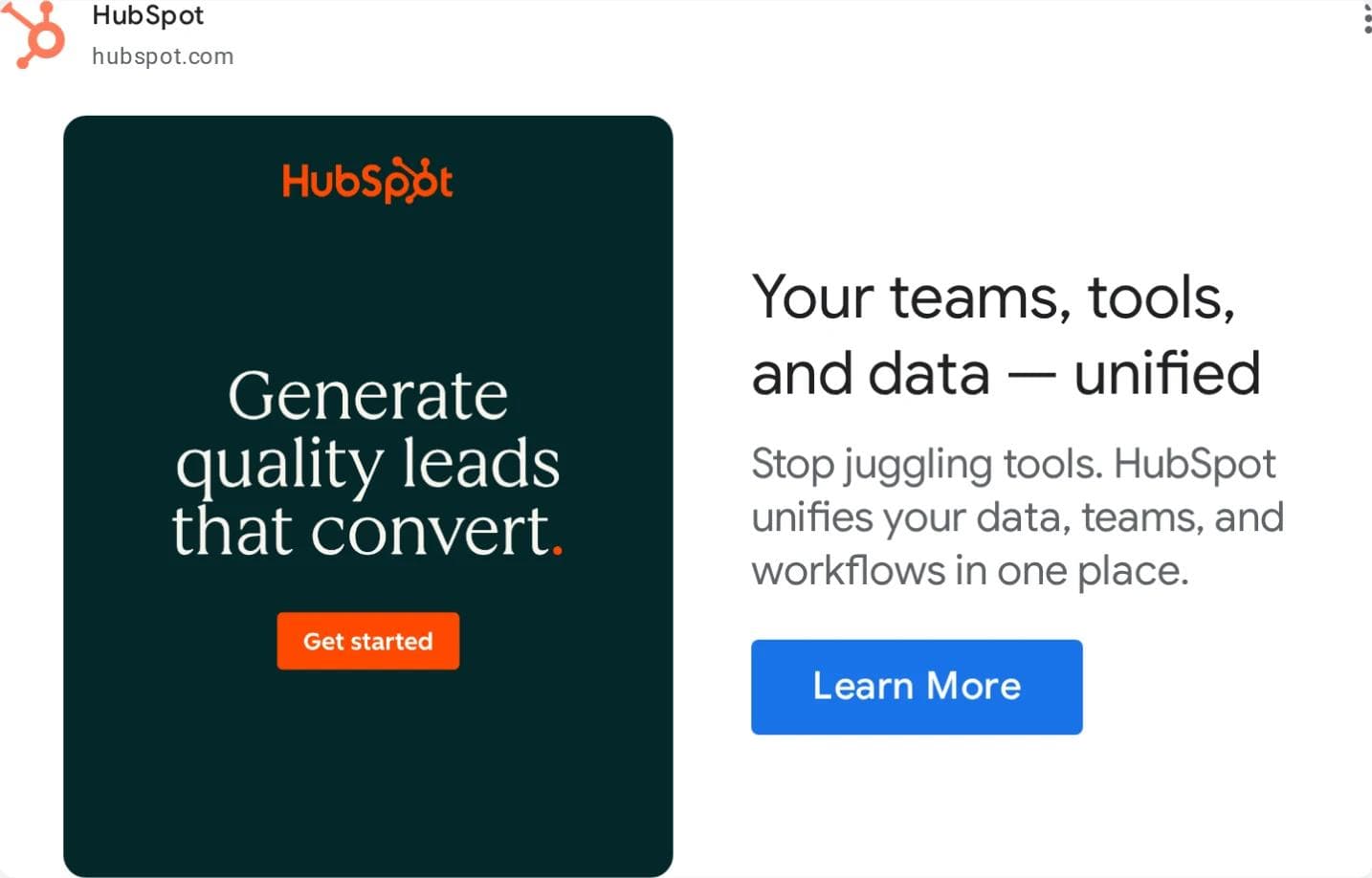 A HubSpot responsive display ad: a dark green tile with the serif headline Generate quality leads that convert and an orange Get started button, beside the headline Your teams, tools, and data unified and a Learn More button