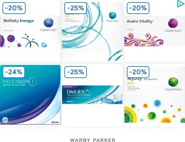 A Warby Parker 300 by 250 display ad showing six contact lens boxes in a grid, each with a discount badge from 20 to 25 percent off, with the Warby Parker wordmark underneath