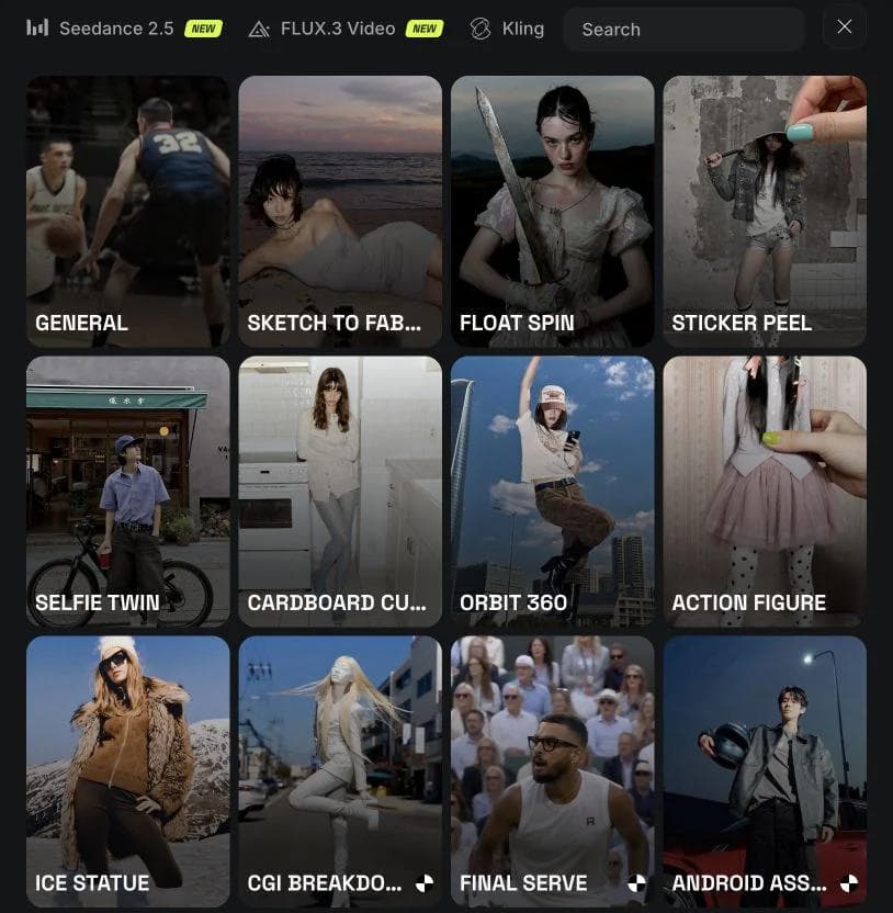 Higgsfield gallery showing camera and visual-effect video presets