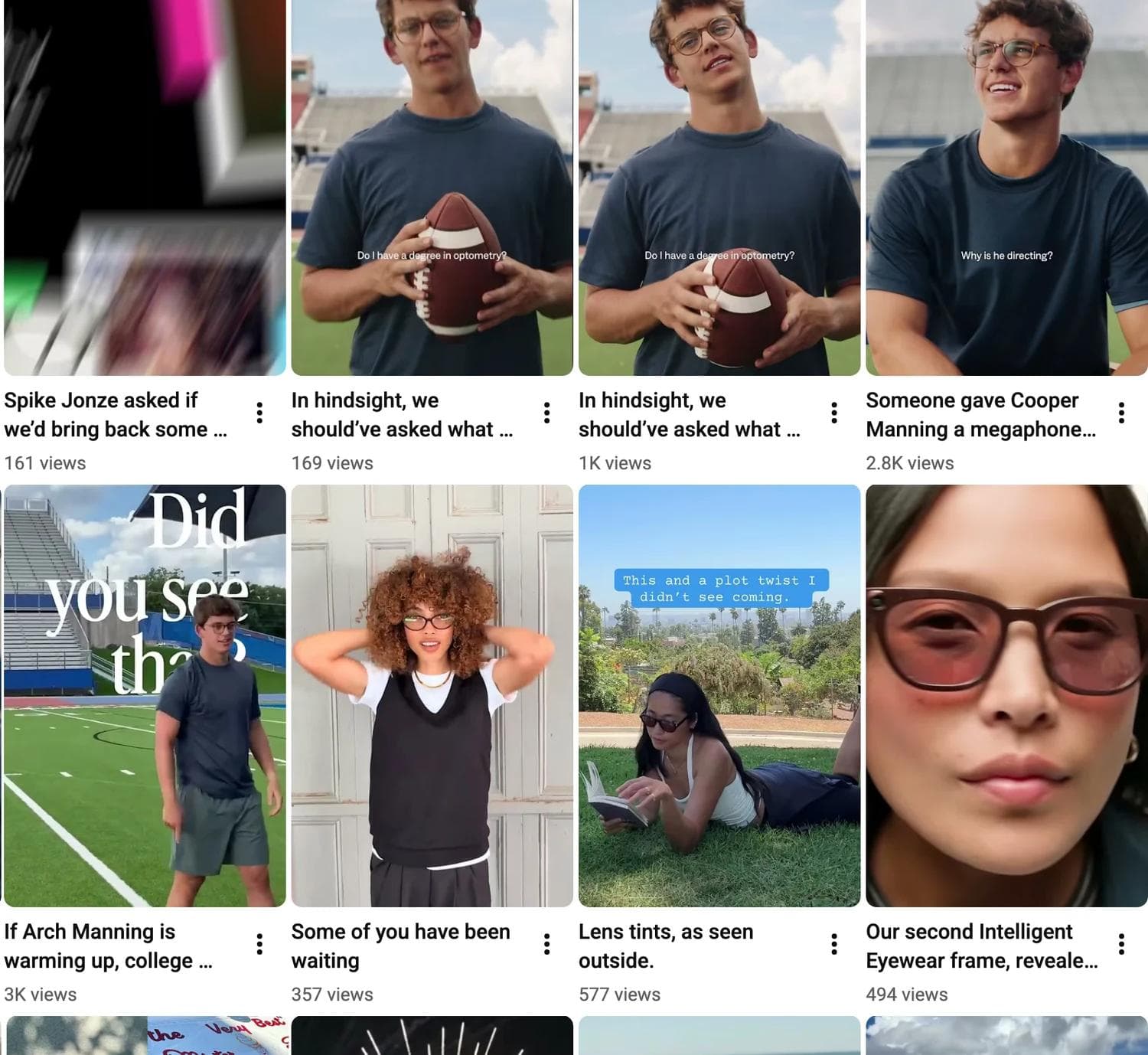 Warby Parker's YouTube Shorts grid showing two adjacent Shorts with the identical title In hindsight, we should've asked what, at 169 and 1K views
