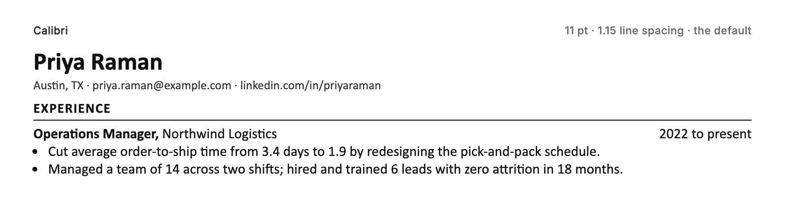 Calibri at 11 pt with 1.15 line spacing on a resume header, section heading and two bullet points