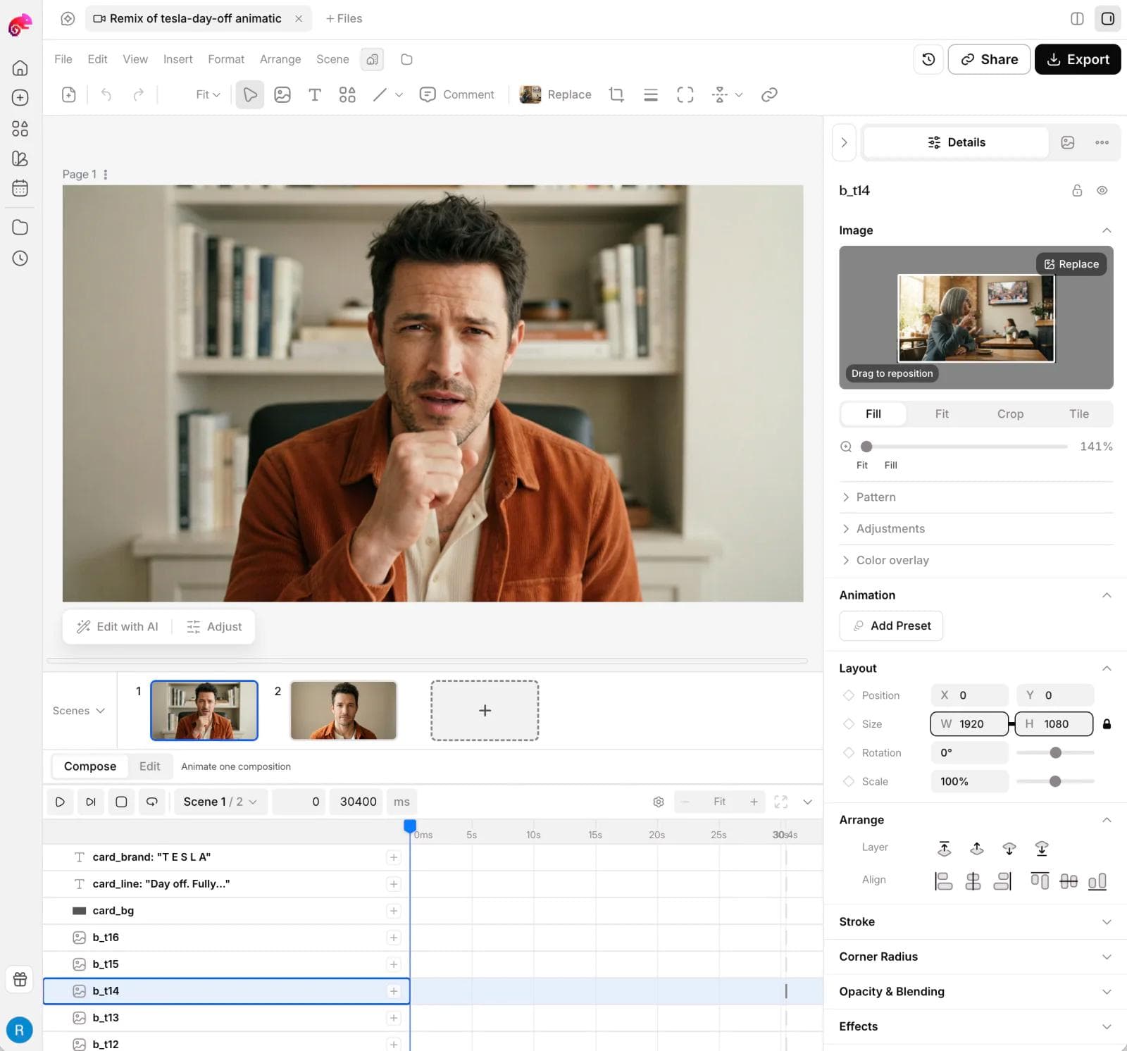 Moda compositor with a video preview, scene thumbnails, editable layers, and a visual timeline