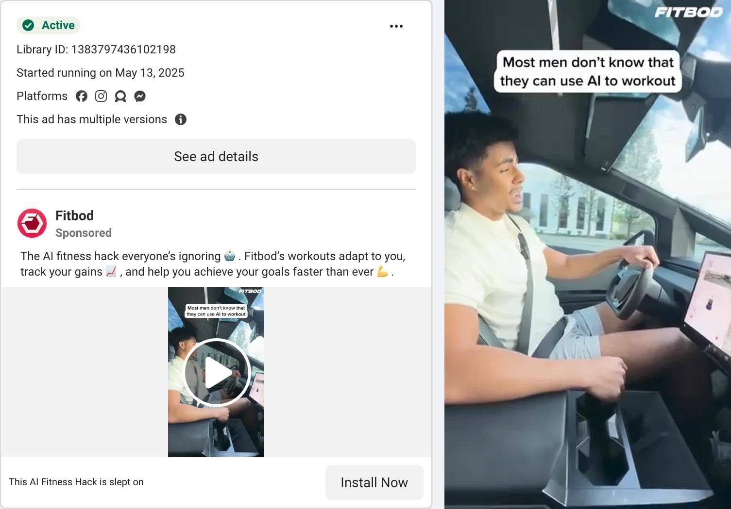 Meta Ad Library card for a Fitbod video ad, with a frame showing a man in a car under the caption Most men don't know that they can use AI to workout