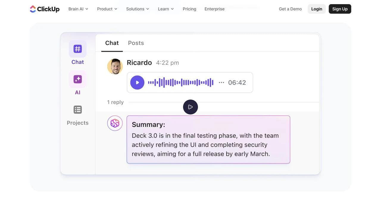 ClickUp Clips embedded in work chat with an AI-generated summary beside project navigation