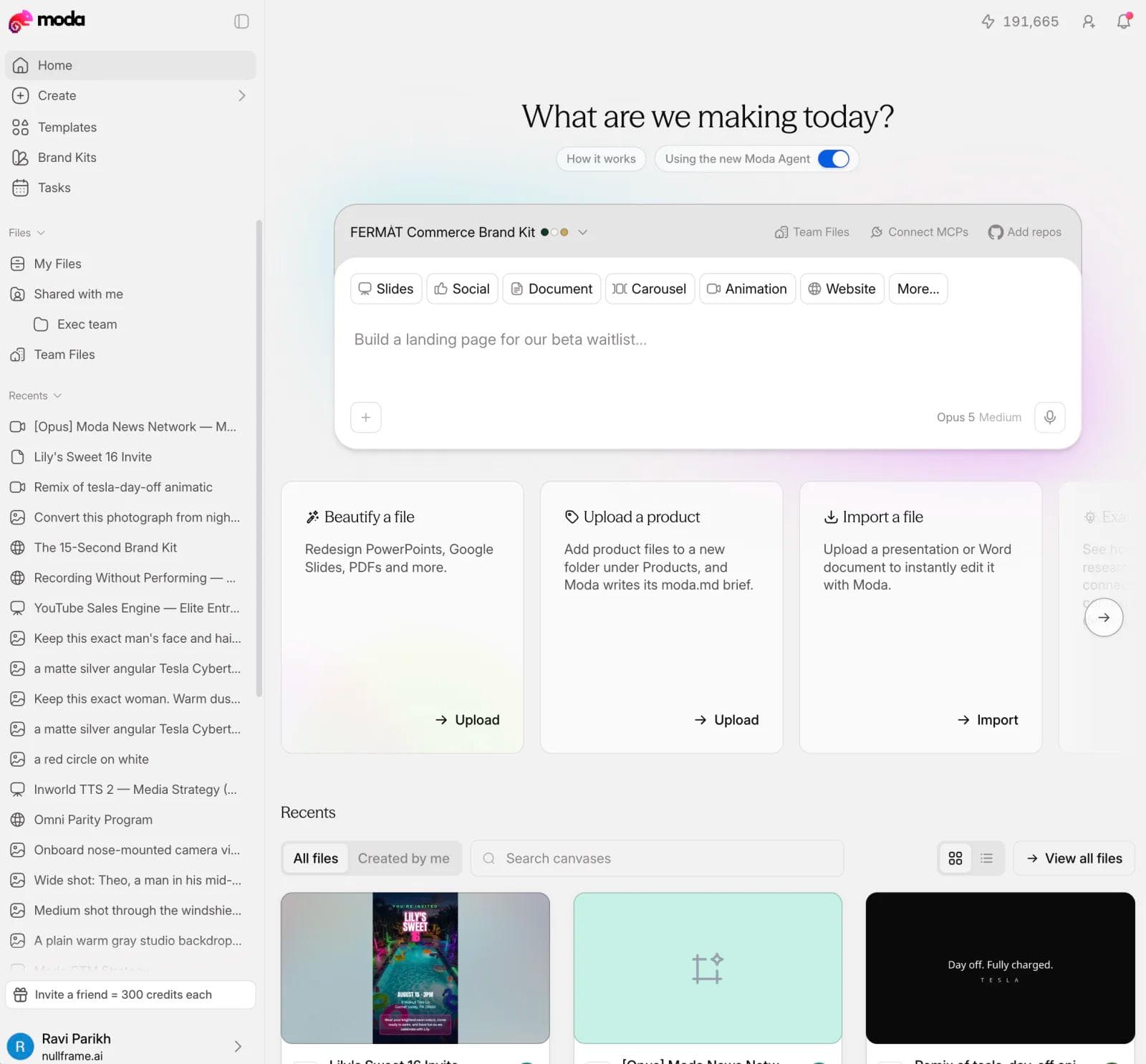The Moda home screen showing a brand kit selected above the prompt box, with cards for beautifying an existing file, uploading a product, and importing a presentation or Word document
