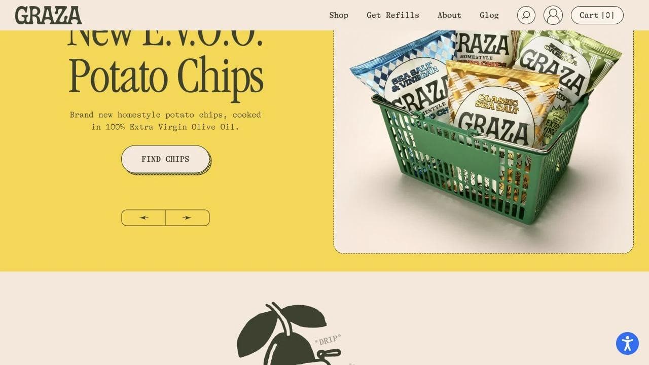 Graza homepage merchandising potato chips and olive oil products by use case