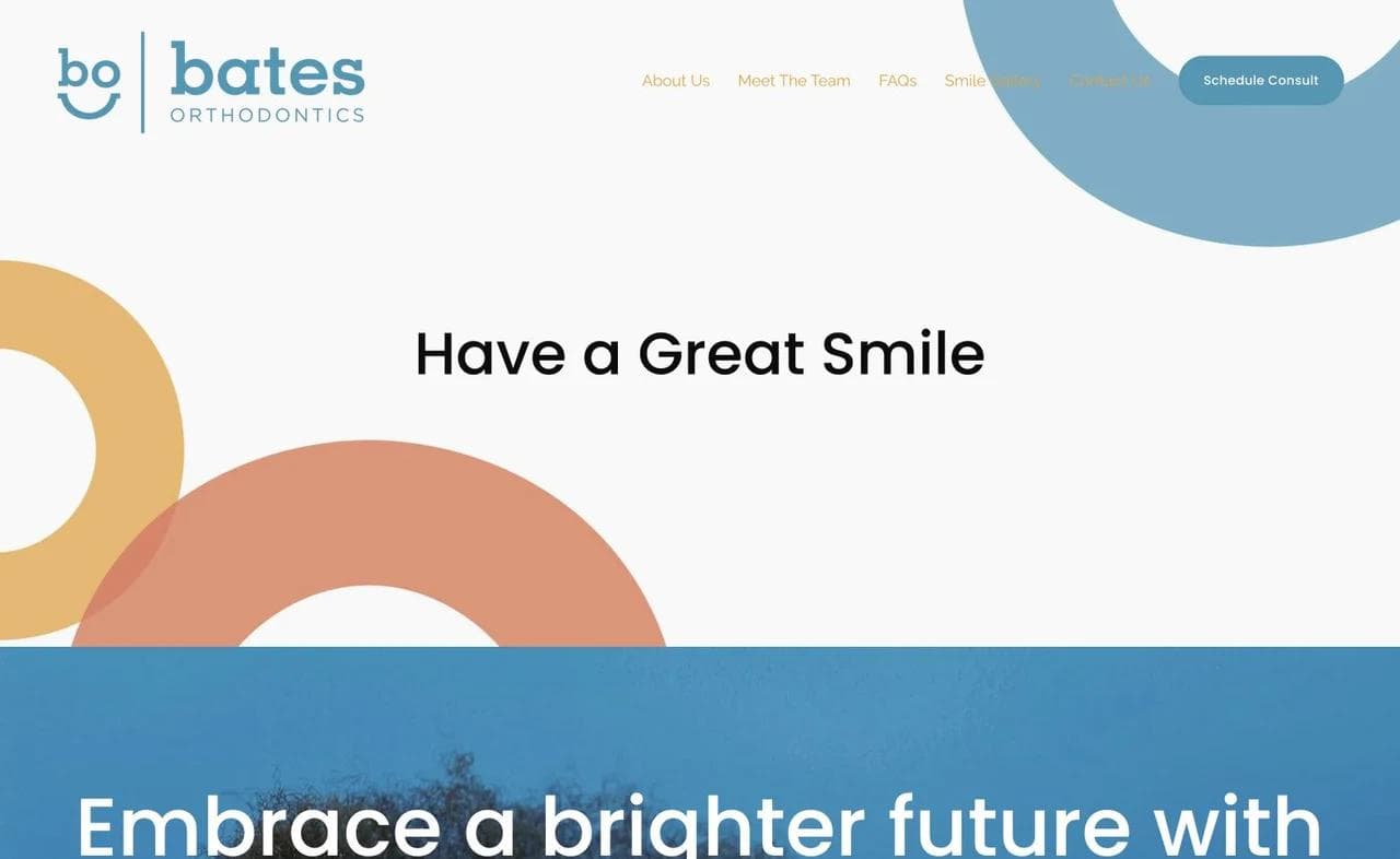 Bates Orthodontics homepage with a smile-focused promise and consultation navigation.