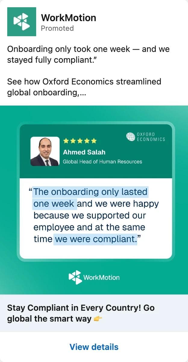 LinkedIn ad by WorkMotion showing a testimonial card with a customer headshot, five stars, the Oxford Economics logo, and a quote about one-week onboarding