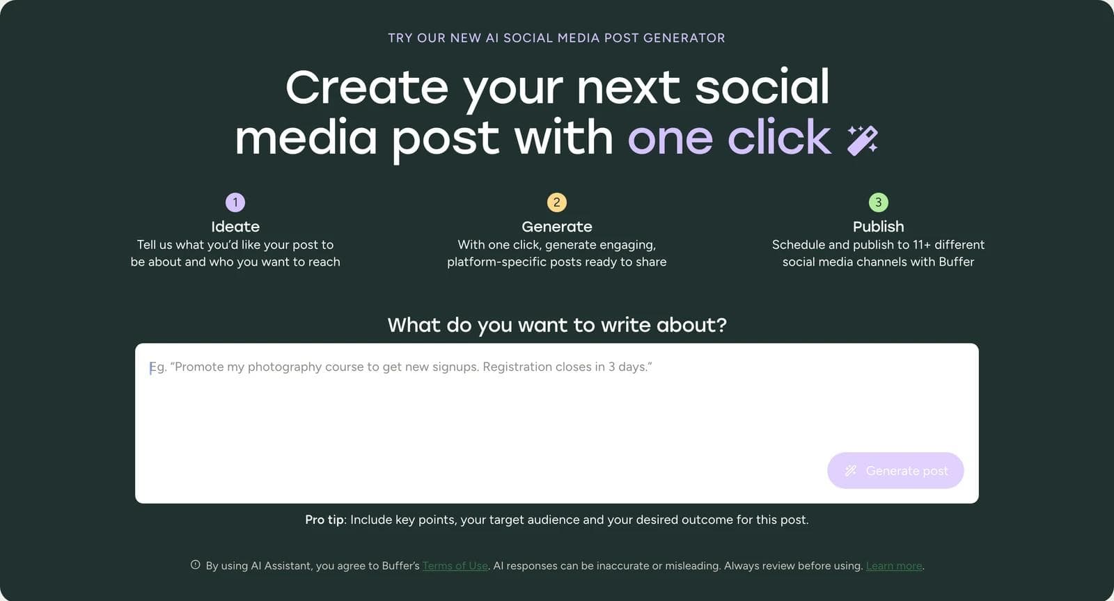 Buffer's AI social media post generator page with a single topic field and a Generate post button