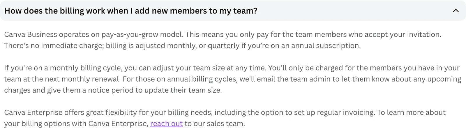Canva's pricing FAQ answer on how billing works when new members are added to a Business team