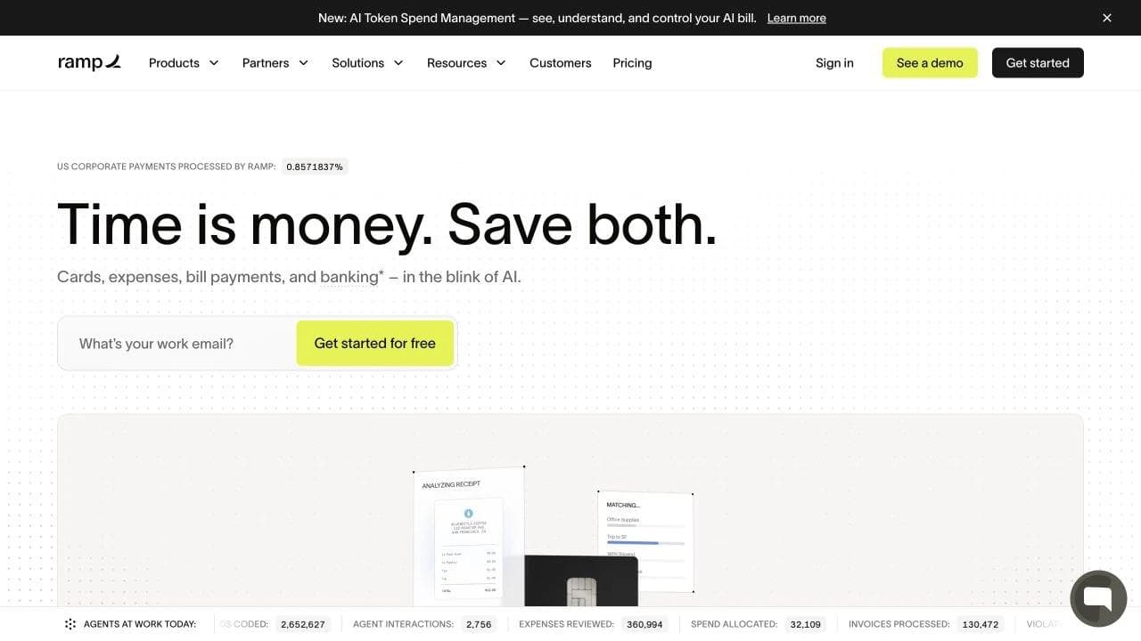 Ramp homepage hero with an economic promise, direct email CTA, and operational activity