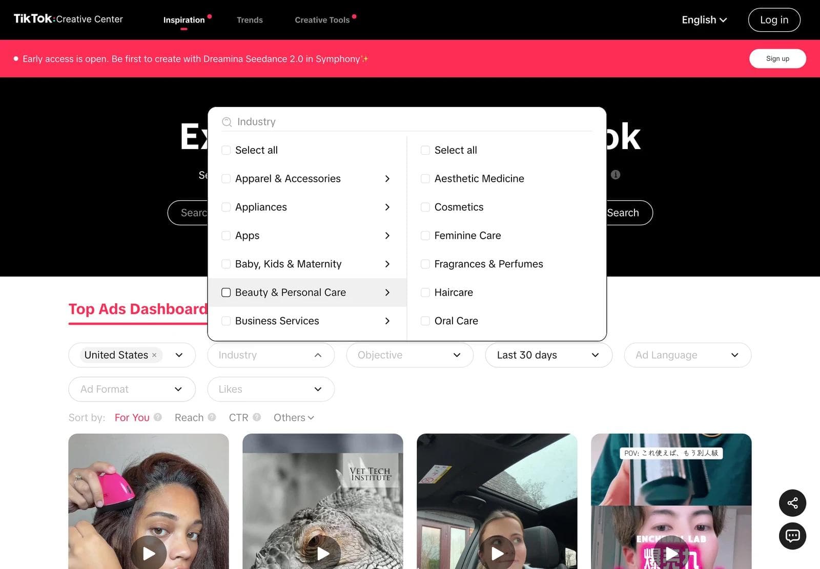 The Top Ads Dashboard industry filter open, with Beauty & Personal Care expanded to show its sub-industries and Select all checkboxes