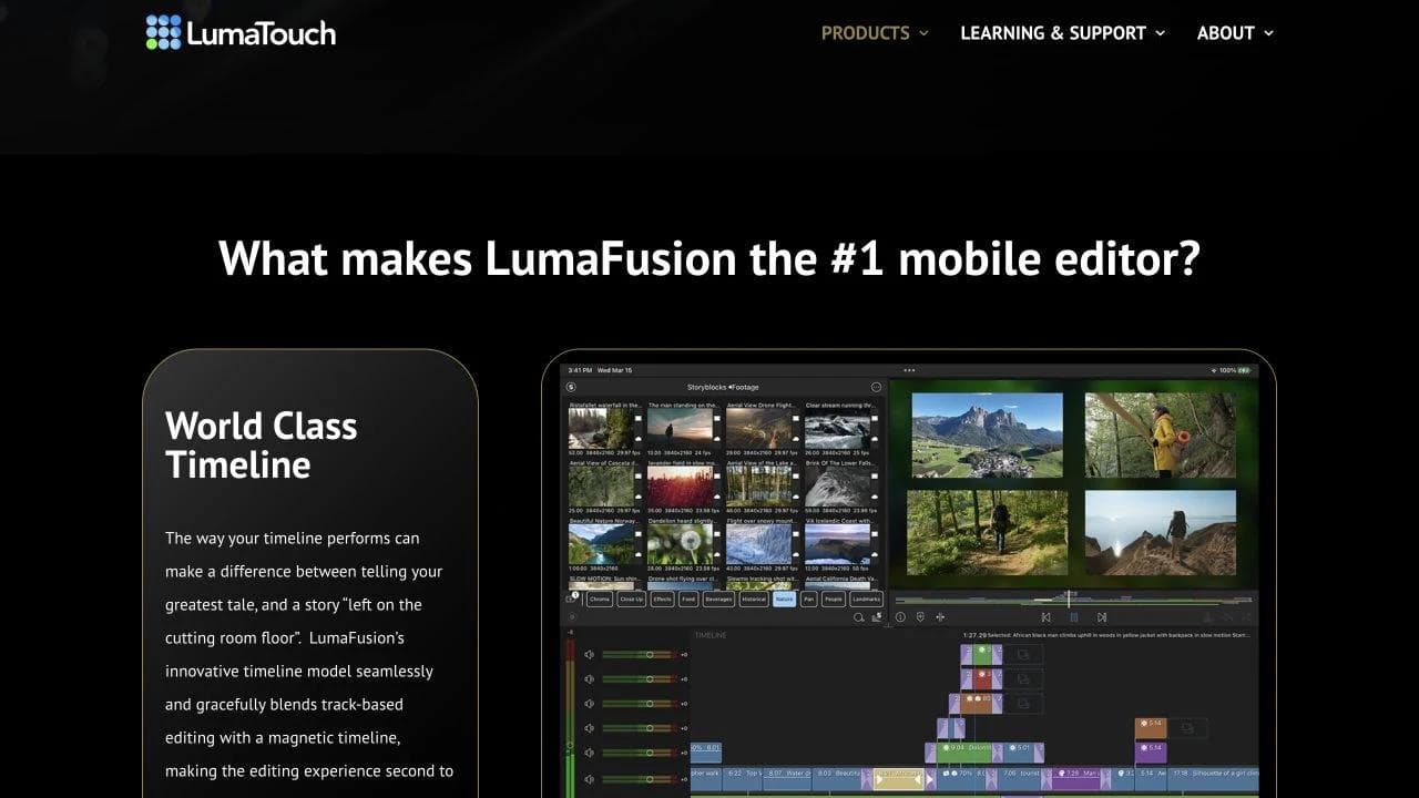 LumaFusion tablet workspace with media browser, preview, audio controls, and multitrack timeline