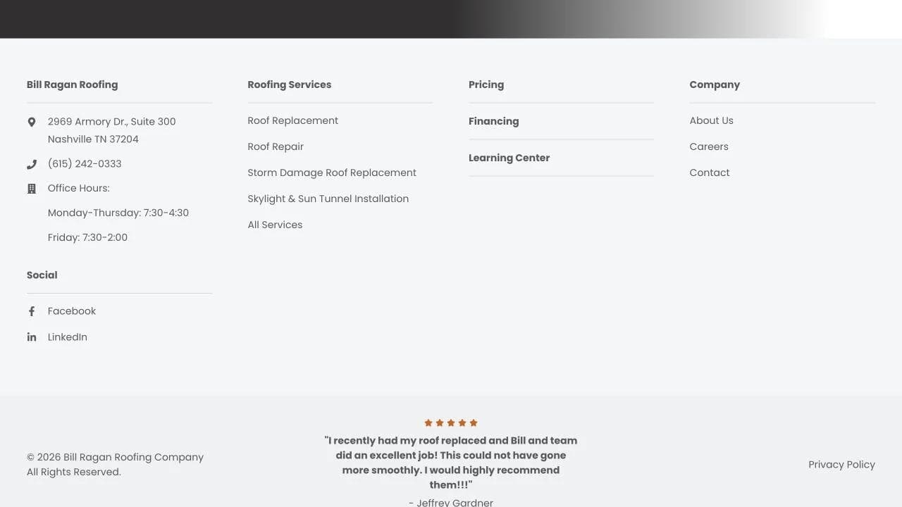 Bill Ragan Roofing closing website section