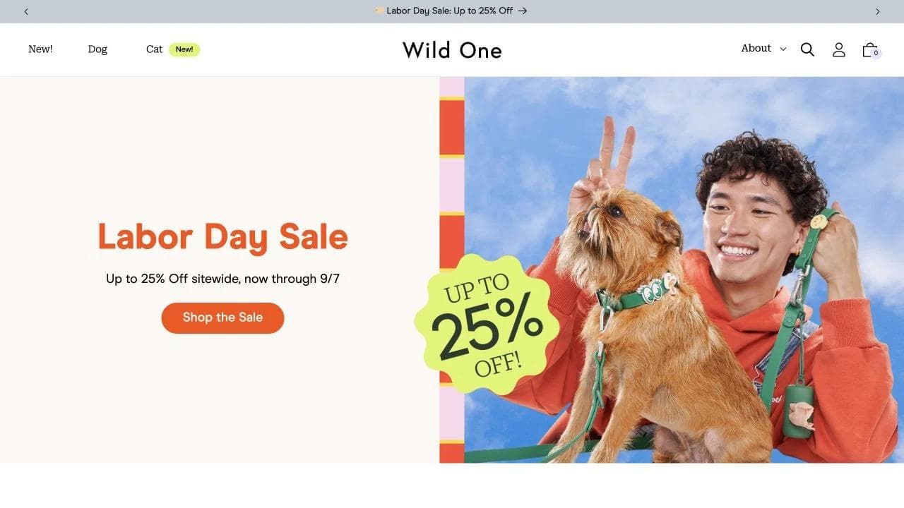 Wild One pet ecommerce homepage promoting dog products and a seasonal offer